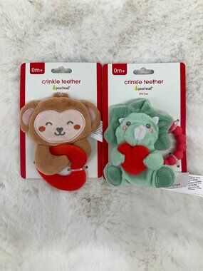 Pearhead Plush Crinkle Teether Set For Babies 0M+ Monkey & Dinosaur BPA-Free NEW